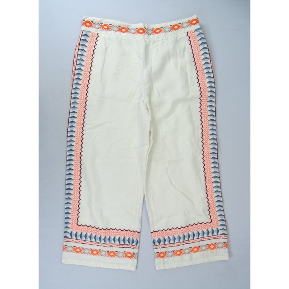 Anthropologie Cream Wide Leg Pants with Orange and Blue Accents